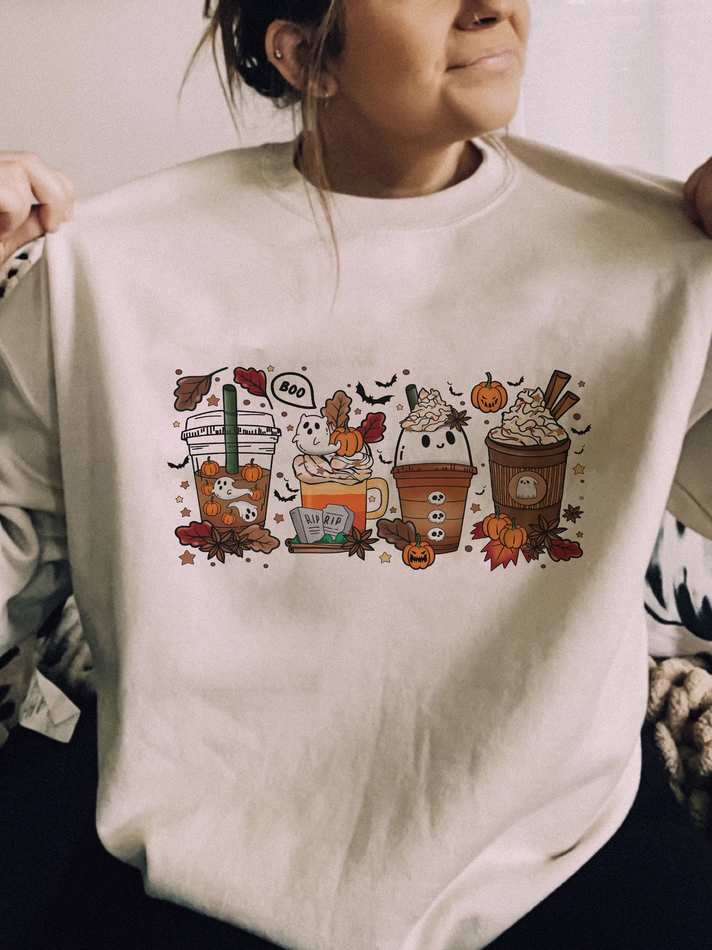 Ghost Pumpkin Fall Coffee Crewneck Sweatshirt