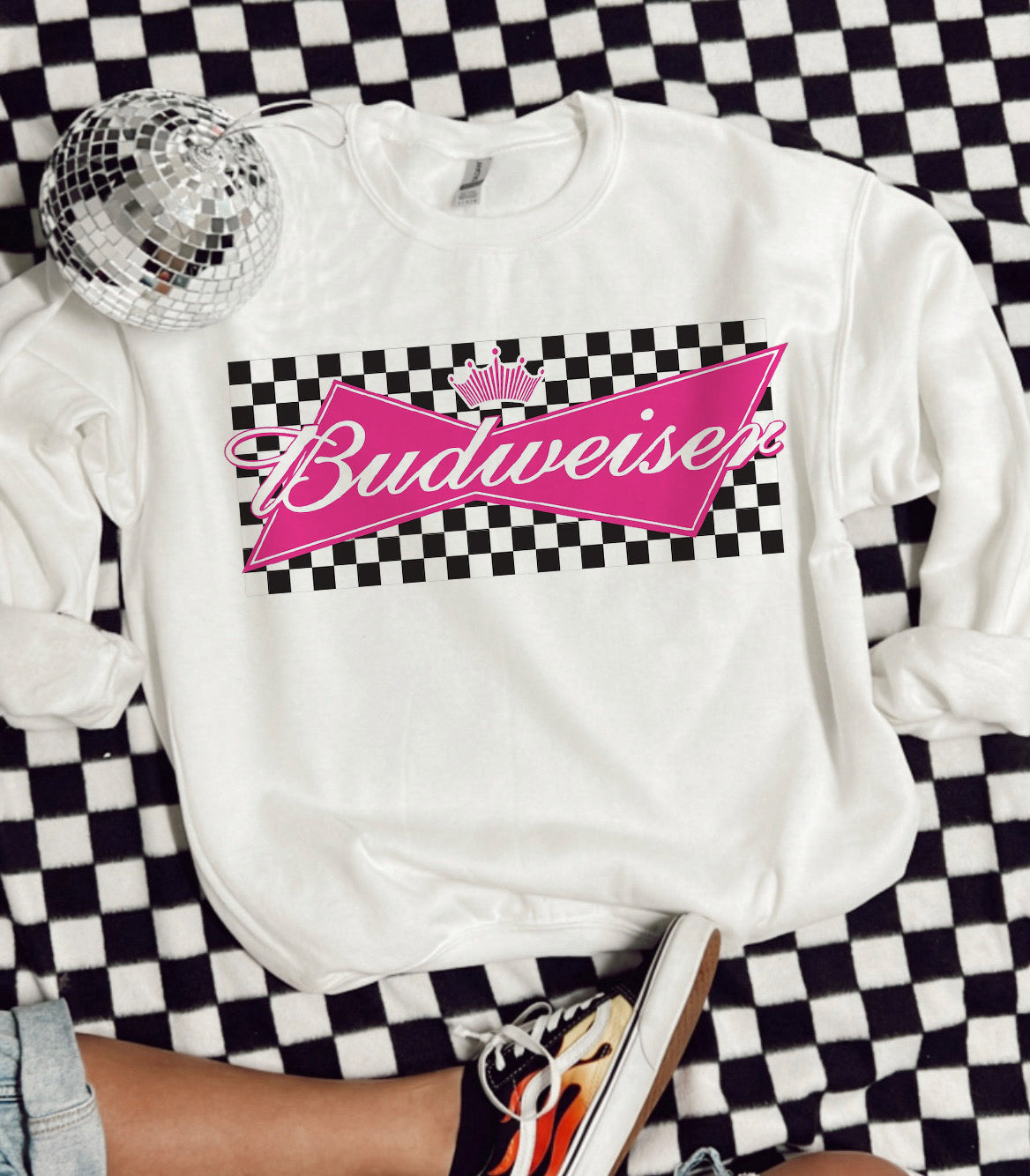 Pink Checker Budweiser Crewneck Sweatshirt