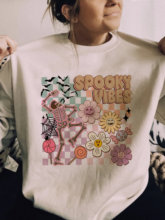 Retro Floral Skeleton Spooky Vibes Crewneck Sweatshirt