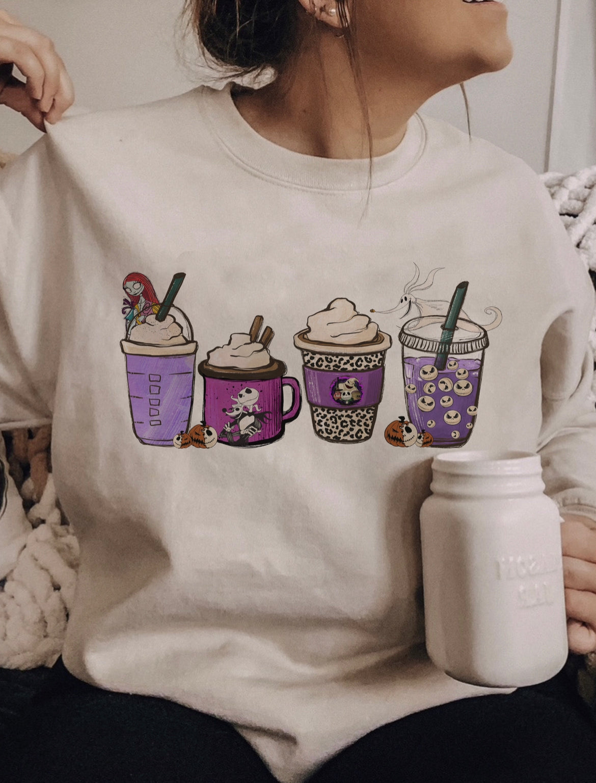 Purple Nightmare Jack Skellington Fall Coffee Crewneck Sweatshirt