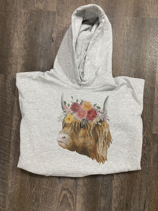 Floral Highland Cow - Hooded Sweatshirt